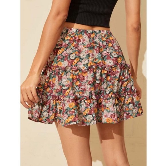 Floral Print High Waist Ruffle Hem Mini Skirt - Picture 2 of 9
